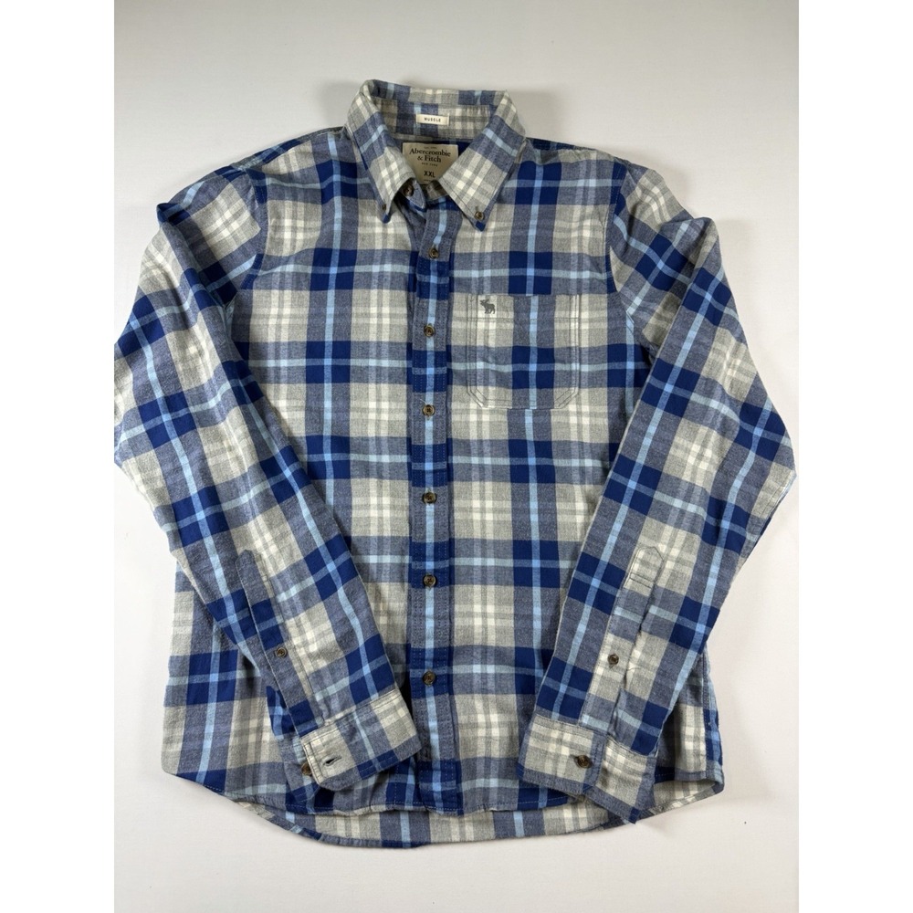Abercrombie & Fitch Men Button up Plaid Shirt XXL Blue Gray Flannel 100% Cotton